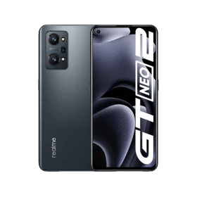 Realme GT Neo 2 siyah akıllı telefon, arka üçlü kamera ve tam ekran ön yüz tasarımıyla vitrin görünümü