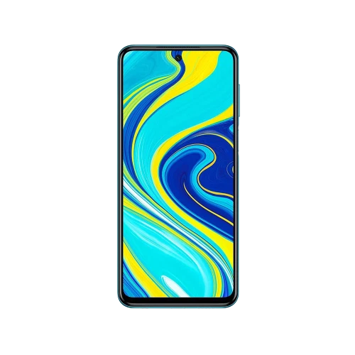 Xiaomi Redmi Note 9s yeşil akıllı telefon, önden görünüm, çerçevesiz ekran ve damla çentik tasarım