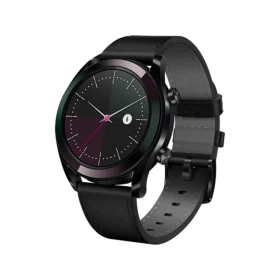 Huawei Watch GT Elegant 42.8 mm siyah akıllı saat, deri kayış ve yuvarlak kadran tasarımıyla önden görünüm