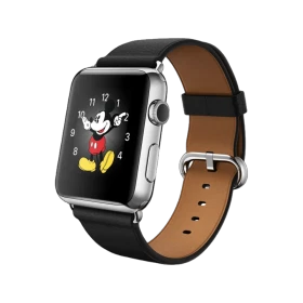 Apple Watch 42 mm gümüş paslanmaz çelik kasa, siyah klasik tokalı kayış ve Mickey Mouse ekranı