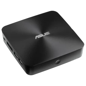 Asus VivoMini UN65-M5136 siyah kompakt masaüstü bilgisayar, üstten açılı görünüm ve yan bağlantı noktaları