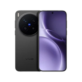 Vivo X300 Pro siyah akıllı telefonun ön ve arka görünümü, delikli ekran ve büyük dairesel kamera modülüyle