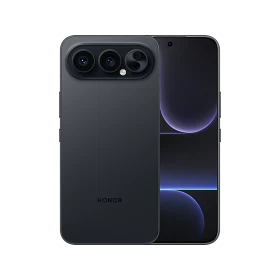 Honor 500 Pro siyah akıllı telefon, vitrin görseli; arka üçlü kamera modülü ve ön ekran tasarımı görünümü