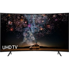 Samsung 65RU7300 Ultra HD 4K LED TV ekranında havai fişekli sahne, ince çerçeve tasarımı önden görünüm