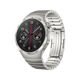 Huawei Watch GT 4 Metal 46mm gümüş akıllı saat, metal kordonu ve siyah kadranıyla önden görünüm