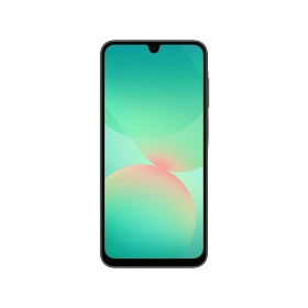 Samsung Galaxy A26 siyah akıllı telefon, önden görünüm, damla çentikli geniş ekran ve ince çerçeve