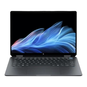 HP OmniBook Ultra Flip 14-fh0003nt koyu gri 2'si 1 arada laptop; ekranda mavi akış arka plan görünüyor
