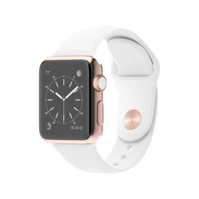 Apple Watch Edition 38 mm pembe altın kasalı, beyaz spor kordonlu akıllı saat önden görünüm