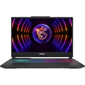 MSI Cyborg 15 A13UC-2087XTR siyah oyuncu laptop; ejderha neon ışıklı ekran tasarımı, önden açık görünüm.