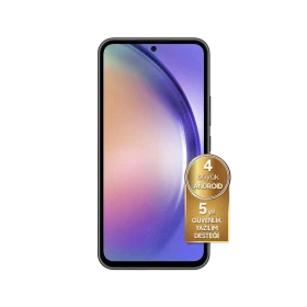 Siyah Samsung Galaxy A54 akıllı telefonun önden görünümü, ekranda 4 büyük Android ve 5 yıl güvenlik desteği rozeti