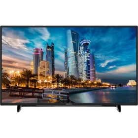 Grundig 55 VLX 7810 BP Ultra HD 4K LED televizyon, şehir manzarasını gösteren siyah ekranlı model