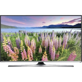Samsung 55J5570 Full HD FHD TV, çiçekli manzara ekranıyla vitrin görseli, genel siyah tasarım
