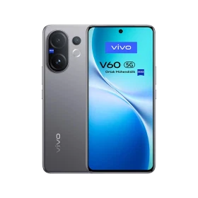 Vivo v60 gri akıllı telefon, ön ekran ve arka kamera modülüyle vitrin görünümü
