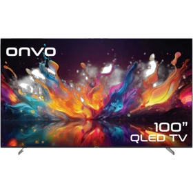 Onvo 100OVF9001UQ Ultra HD 4K LED televizyonun önden görünümü, renkli ekran ve ince çerçeve