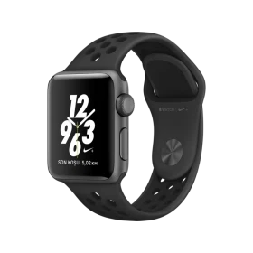 Apple Watch Nike+ Series 2 38 mm uzay grisi akıllı saat, antrasit siyah Nike spor kordonuyla önden görünüm