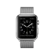 Apple Watch 42 mm gümüş paslanmaz çelik kasa ve Milano Loop kayışlı akıllı saat, siyah kadranlı.
