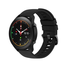Xiaomi Mi Watch siyah akıllı saat, renkli sağlık göstergeleri ve silikon kordonuyla önden görünür halde