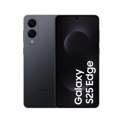 Siyah Samsung Galaxy S25 Edge akıllı telefonun ön ve arka yüzünü gösteren ana ürün görünümü