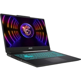 MSI Cyborg 15 A13VE-1479XTRWF03 siyah oyuncu laptop; RGB aydınlatmalı klavye ve neon ekrana açık.