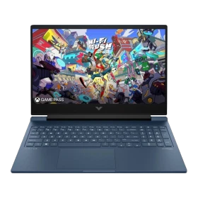 HP Victus Gaming 15-fb2009nt A05NHEA008 koyu mavi oyuncu laptop; oyun ekranı açık, klavye görünür.