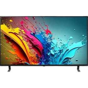 LG 86QNED85T6C Ultra HD 4K TV; canlı renk efektleriyle kavisli arka planlı televizyon vitrini