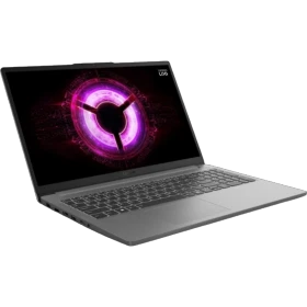 Lenovo LOQ 15ARP10E 83S0002YTR gri oyuncu laptop, açık kapaklı önden çapraz açıyla görünüm