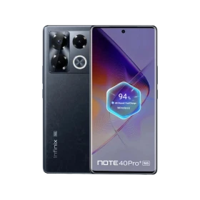 Siyah Infinix Note 40 Pro Plus 5G akıllı telefonun ön ve arka yüzü, üçlü kamera modülüyle vitrin görünümü