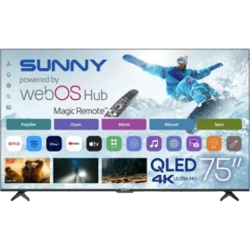 Sunny SN75QLEDM-W02M Ultra HD 4K TV, 75 inç QLED ekran ve webOS akıllı arayüzüyle önden görünüm