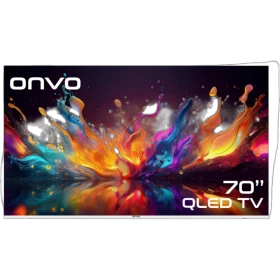 Onvo 70OVF9000UQ Ultra HD 4K QLED televizyon, renkli ekran tasarımıyla önden görünüm