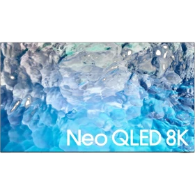 Samsung 65QN900B Neo QLED 8K Ultra HD televizyon; Neo QLED 8K yazılı, mavi su temalı ekran.