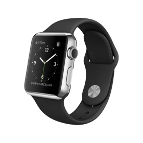 Apple Watch 38 mm paslanmaz çelik kasalı, siyah spor kordonlu akıllı saat görünümü