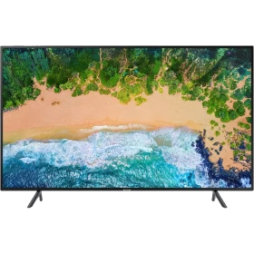 Samsung 55NU7100 Ultra HD 4K LED televizyon; sahil manzaralı canlı ekran görüntüsüyle vitrin ürünü