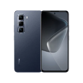 Siyah Infinix Hot 50 Pro akıllı telefonun ön ve arka görünümü, üçlü arka kamera modülüyle vitrin çekimi