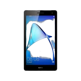 Huawei MediaPad T3 7 gri tablet, ön yüzünde canlı ekran görüntüsü ve 08:08 saati görünüyor