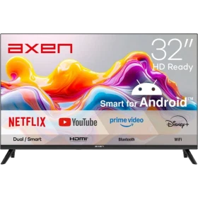 Axen AX32HMLN-A14S 32 inç HD Ready LED televizyon, renkli ekranı ve Android Smart TV arayüzüyle önden görünüm