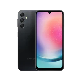 Samsung Galaxy A24 siyah akıllı telefon, ön ekran ve arka üçlü kamera tasarımıyla vitrin görünümü
