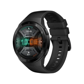 Huawei Watch GT 2e siyah akıllı saat, yuvarlak ekranı ve silikon kordonuyla önden görünür