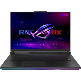 Asus ROG Strix G18 2025 G814PP-S9045 siyah oyuncu laptop, RGB ışıklı oyun ekranıyla açık konumda