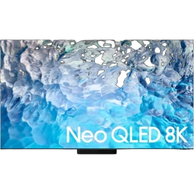 Samsung 65QN900B Neo QLED 8K Ultra HD televizyon; Neo QLED 8K yazılı, mavi su temalı ekran.