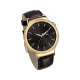 Huawei Watch Gold Altın akıllı saat, siyah kadranlı ve kahverengi deri kayışlı.