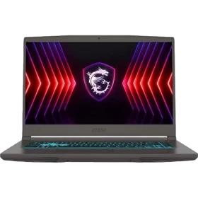 MSI Thin 15 B12UC-1478XTRAT38 koyu gri oyuncu laptop; RGB ışıklı ekran ve dragon amblemi önden görünüyor
