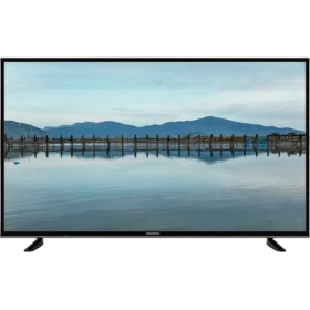 Grundig 43 GDU 7900B Ultra HD 4K LED televizyon, göl manzarası gösteren siyah ekranıyla.