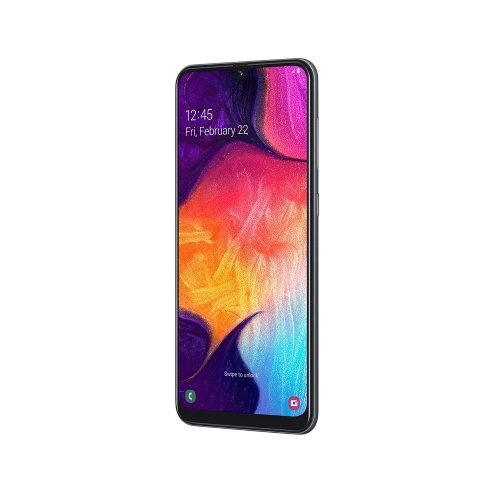 Siyah Samsung Galaxy A50 akıllı telefon, çentikli ekran ve renkli duvar kâğıdı ile önden görünüm
