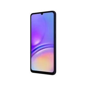 Samsung Galaxy A05 siyah akıllı telefon, önden görünüm; ince çerçeve ve damla çentikli geniş ekran