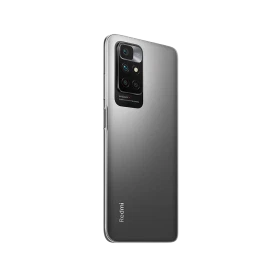 Xiaomi Redmi 10 2022 siyah akıllı telefonun arka yüzü, dörtlü kamera modülü ve Redmi logosuyle