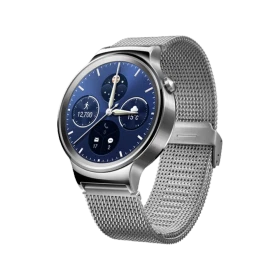 Huawei Watch Gümüş akıllı saat, gümüş metal kordon ve lacivert kadranıyla üç çeyrek açıdan görünür