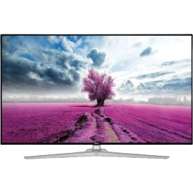 Vestel 49UD9590 Ultra HD 4K LED televizyon, pembe tarlada ağaç manzarası gösteren ince ekran.