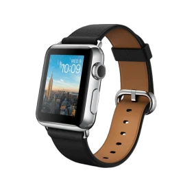 Apple Watch 38 mm gümüş paslanmaz çelik kasa ve klasik tokalı siyah deri kayışlı akıllı saat