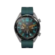 Huawei Watch GT Active 46.5 mm titanyum akıllı saat, koyu yeşil kordon ve yuvarlak dijital ekran.