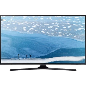 Samsung 43KU6079 Ultra HD 4K LED televizyon; manzara görüntüsü ekranda, genel renkli vitrin modeli